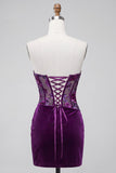Purple Velvet Corset Bodycon Strapless Ruched Floral Short Homecoming Dress