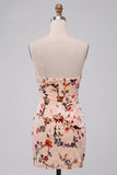 Champagne Floral Bodycon Velvet Strapless Printed Homecoming Dress with Keyhole