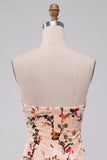 Champagne Floral Bodycon Velvet Strapless Printed Homecoming Dress with Keyhole