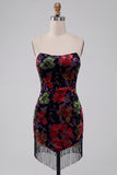 Black Bodycon Strapless Floral Print Mini Homecoming Dress with Fringes