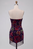 Black Bodycon Strapless Floral Print Mini Homecoming Dress with Fringes