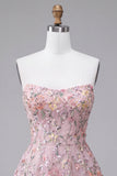 Blush Strapless A-Line Sequins Floral Embroidery Short Homecoming Dress