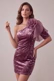 Vintage Mauve Velvet Bodycon One Shoulder Short Cocktail Dress with 3D Flower