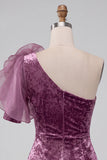 Vintage Mauve Velvet Bodycon One Shoulder Short Cocktail Dress with 3D Flower