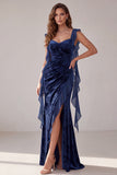 Navy Velvet Sheath Sweetheart Ruched Long Evening Dress with Ruffles