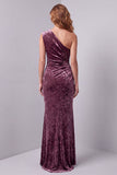 One Shoulder Vintage Mauve Velvet Sheath Ruched Long Formal Dress with Side Slit
