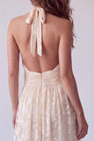 Floral Ivory A-Line Halter Ruched Long Formal Dress