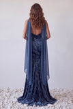 Strapless Navy Velvet Mermaid Ruched Long Dress with Neck Scarf