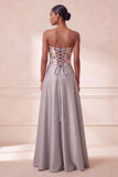 Grey Corset Strapless Satin Floral Ruched Sequins Long Formal Dress with Pockets