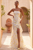 Strapless Ivory Mermaid Ruffled Ruched Slit Long Formal Dress with Sweep Train