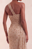 Khaki One Shoulder Sheath Sequins Beaded Ruched Long Formal Dress with Sweep Train