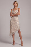 Champagne Sheath Cowl Asymmetrical Pearl Mother of the Bride Dress with Sequins
