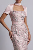 Light Pink Sheath Square Neck Short Sleeves Midi Mother of the Bride Dress with Belt