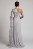 Grey Sheath High Neck Ruched One Shoulder Long Mother of the Bride Dress
