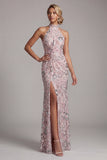 Light Pink Sheath Halter Sequins Long Mother of the Bride Dress with Side Slit