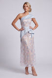 Light Blue Sheath One Shoulder Sequins Maxi Mother of the Bride Dress with Draping