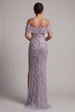 Lilac Sheath Off the Shoulder Sequins Side Slit Maxi Mother of the Bride Dress