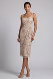 Champagne Sheath Square Neck Ruched Sequins Mother of the Bride Dress with Embroidery