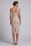 Champagne Sheath Square Neck Ruched Sequins Mother of the Bride Dress with Embroidery