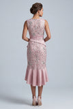 Light Pink Sheath Round Neck Ruffled Midi Mother of the Bride Dress with Sequins