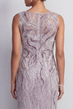 Lilac Sheath Bateau Neck Beaded Short Mother of the Bride Dress