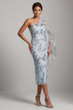 Light Blue Sheath One Shoulder Embroidered Midi Mother of the Bride Dress with Fringes