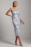 Light Blue Sheath One Shoulder Embroidered Midi Mother of the Bride Dress with Fringes