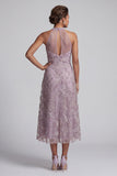 Lilac A-Line Halter Embroidered Midi Mother of the Bride Dress