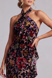 Black Halter Neck Velvet Floral Long Sheath Mother of the Bride Dress with Side Ruffle