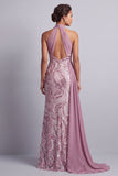 Wisteria Chiffon Halter Neck Sequins Ruched Mermaid Sweep Train Mother of the Bride Dress with Draping