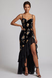 Black Velvet Floral Embroidery Sequins Asymmetrical A-Line Mother of the Bride Dress with Ruffle Slit