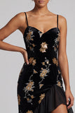 Black Velvet Floral Embroidery Sequins Asymmetrical A-Line Mother of the Bride Dress with Ruffle Slit