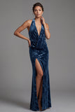 Dark Navy Velvet Halter Neck Ruched Sheath Jacquard Long Mother of the Bride Dress with Side Slit