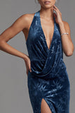 Dark Navy Velvet Halter Neck Ruched Sheath Jacquard Long Mother of the Bride Dress with Side Slit