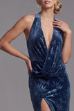 Dark Navy Velvet Halter Neck Ruched Sheath Jacquard Long Mother of the Bride Dress with Side Slit