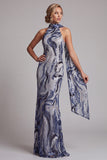 Navy Sequins Mermaid High Neck Long Mother of the Bride Dress with Beaded