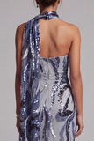 Navy Sequins Mermaid High Neck Long Mother of the Bride Dress with Beaded