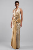 Champagne Velvet Cowl Neck Floral Jacquard Sheath Long Mother of the Bride Dress with Sash