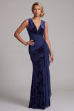Dark Navy Velvet Mermaid V-Neck Jacquard Long Mother of the Bride Dress with Draped Sash