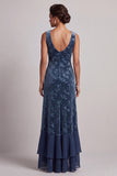 Dark Navy Bateau Neck Velvet Jacquard Asymmetrical Mother of the Bride Dress with Ruffle Slit