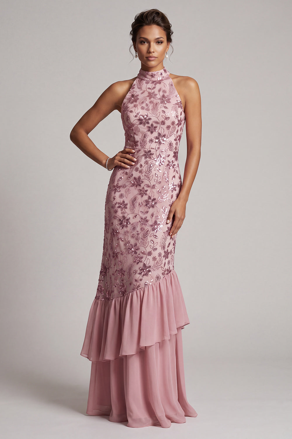 Vintage Mauve Tiered Ruffle Sequins Backless Sheath Long Mother of the Bride Dress