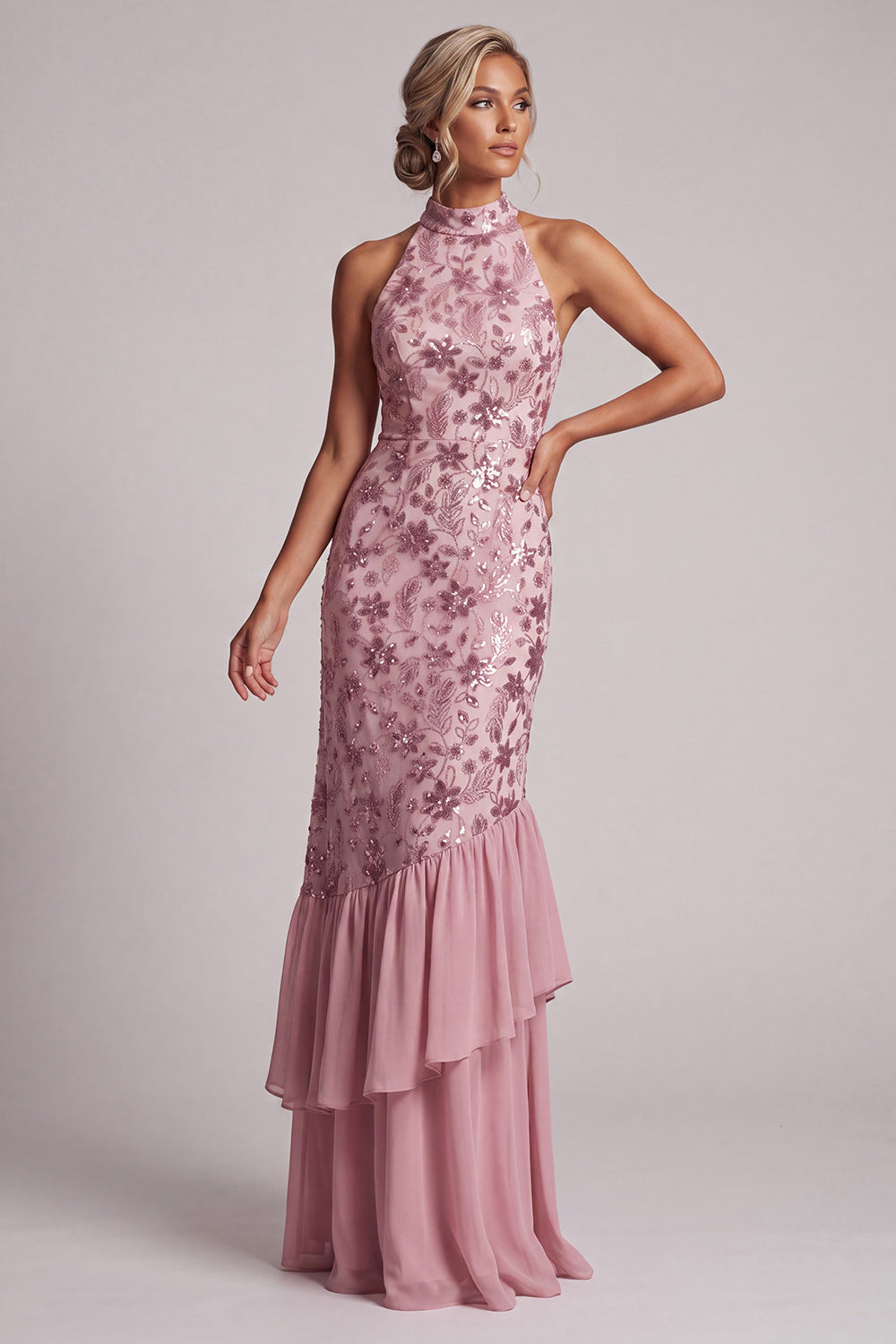 Vintage Mauve Tiered Ruffle Sequins Backless Sheath Long Mother of the Bride Dress