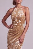 Champagne Velvet Halter Neck Mermaid Long Mother of the Bride Dress with Draping