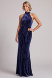 Dark Navy Velvet Ruched High Neck Mermaid Long Mother of the Bride Dress
