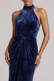 Dark Navy Velvet Ruched High Neck Mermaid Long Mother of the Bride Dress