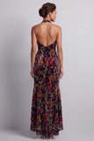 Black Velvet Floral Halter Neck High Low Asymmetrical A-Line Mother of the Bride Dress with Side Slit Ruffles
