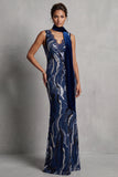 Dark Navy Lace Sequins Mermaid Long Mother of the Bride Dress with Draping