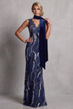 Dark Navy Lace Sequins Mermaid Long Mother of the Bride Dress with Draping