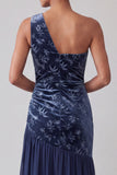 Navy Velvet One Shoulder Asymmetrical Chiffon Mermaid Ruched Mother of the Bride Dress
