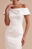 Off The Shoulder White Sheath Pearls Midi Engagement Dress